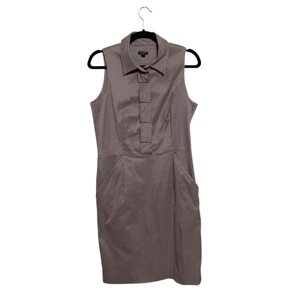Ann Taylor Sheath Midi‎ Khaki Dress Ruffled Front Back Slit Sz 8 Corpcore Career